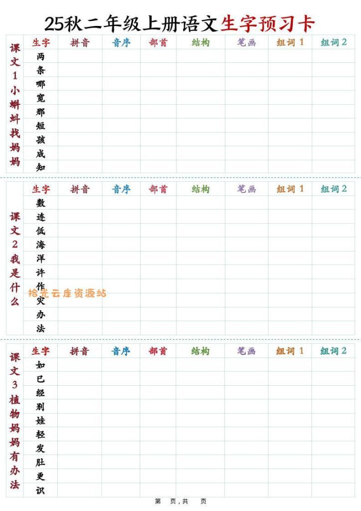 【学习资料】25秋新二上语文生字预习卡（11页）pdf夸克网盘资源