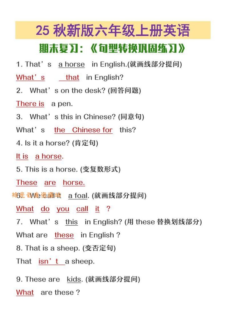 【学习资料】【2025秋新版】六年级上册英语期末复习句型转换巩固练习pdf夸克网盘资源