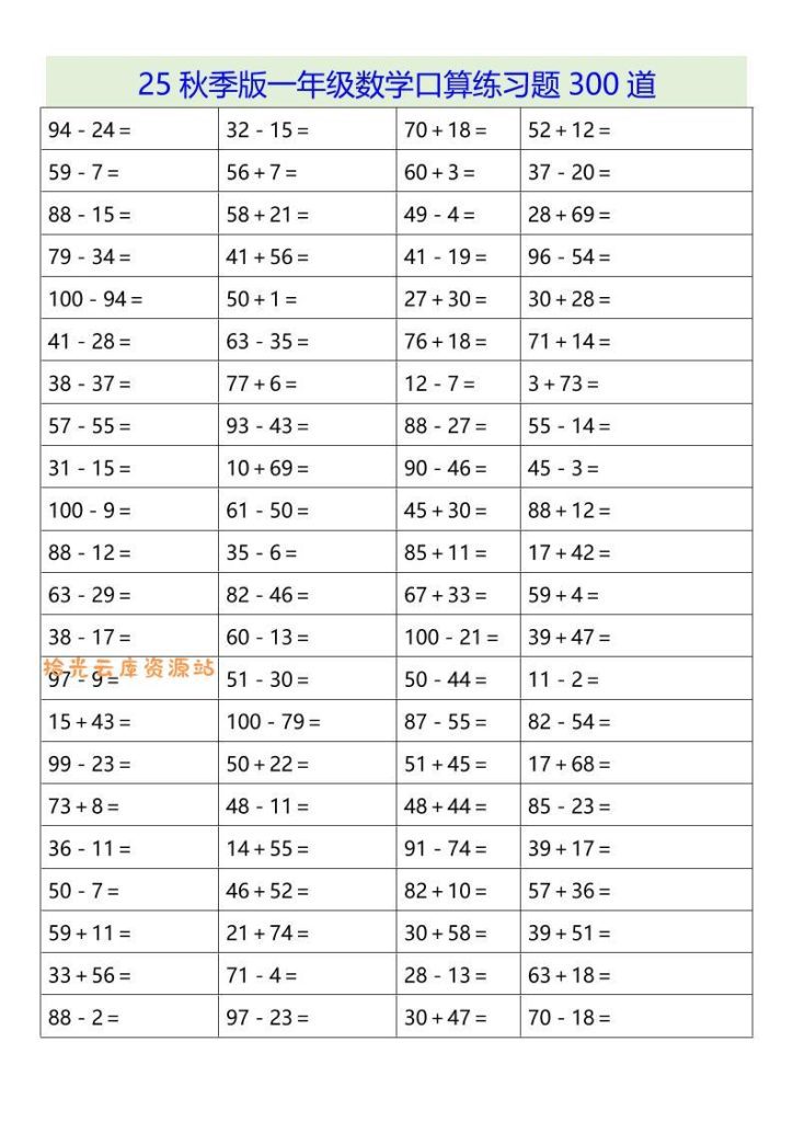 【学习资料】【2025秋新版】一年级数学口算练习题300道-一上数学pdf夸克网盘资源
