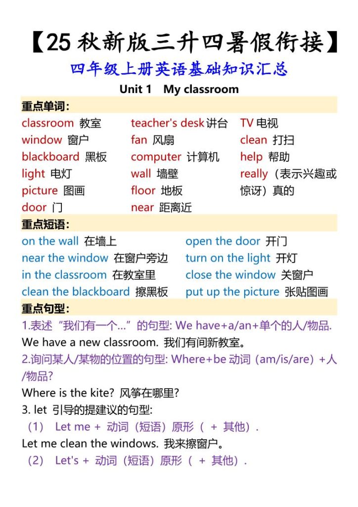 【学习资料】【2025秋新版】四年级上册英语基础知识汇总pdf夸克网盘资源