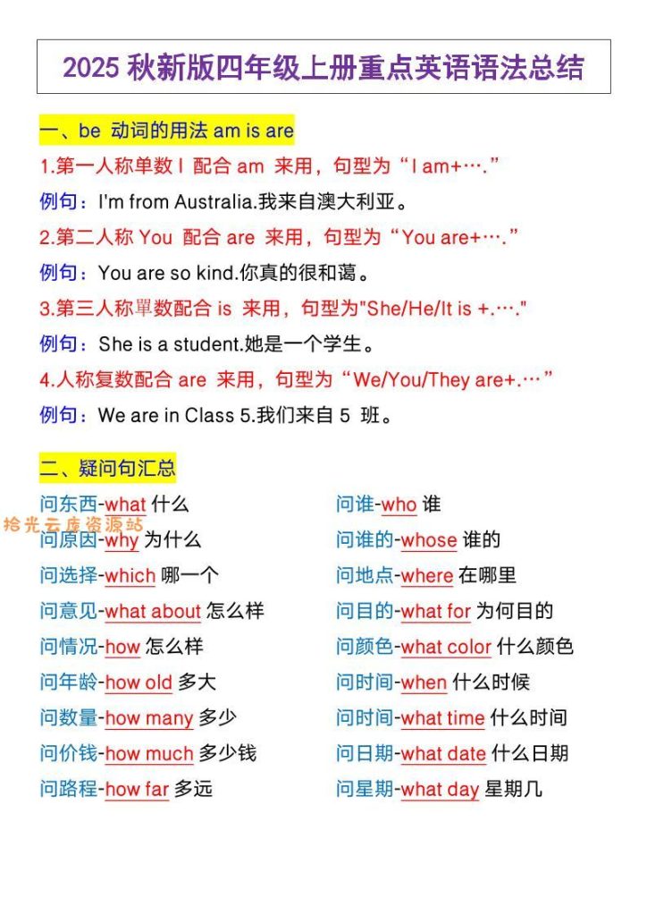 【学习资料】【2025秋新版】四年级上册英语，重点英语语法总结pdf夸克网盘资源
