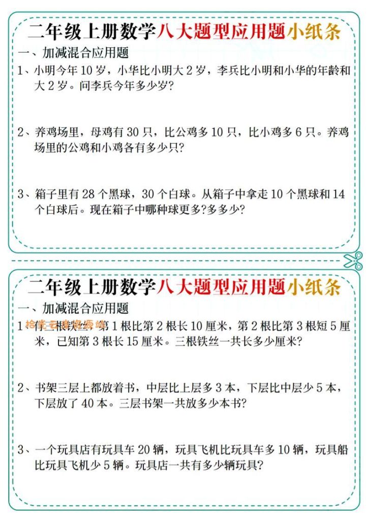 【学习资料】二年级上数学八大题型应用题小纸条pdf夸克网盘资源