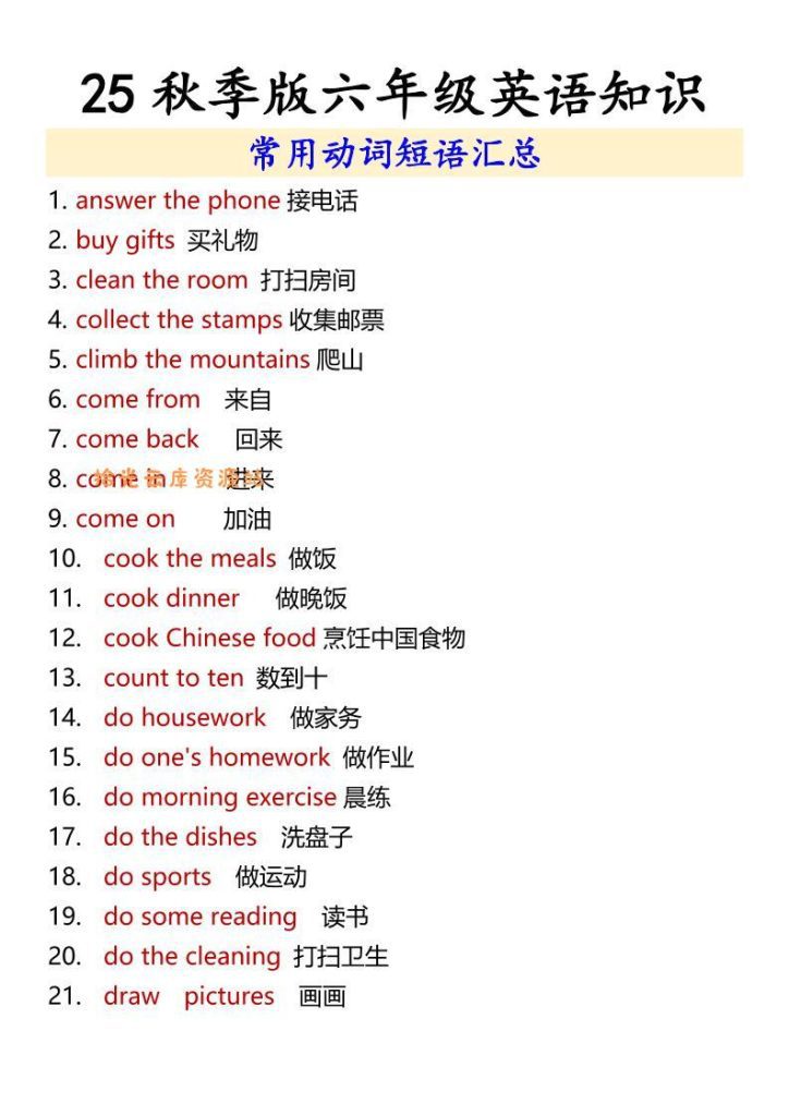 【学习资料】【2025秋新版】六年级上册英语常用动词短语汇总pdf夸克网盘资源