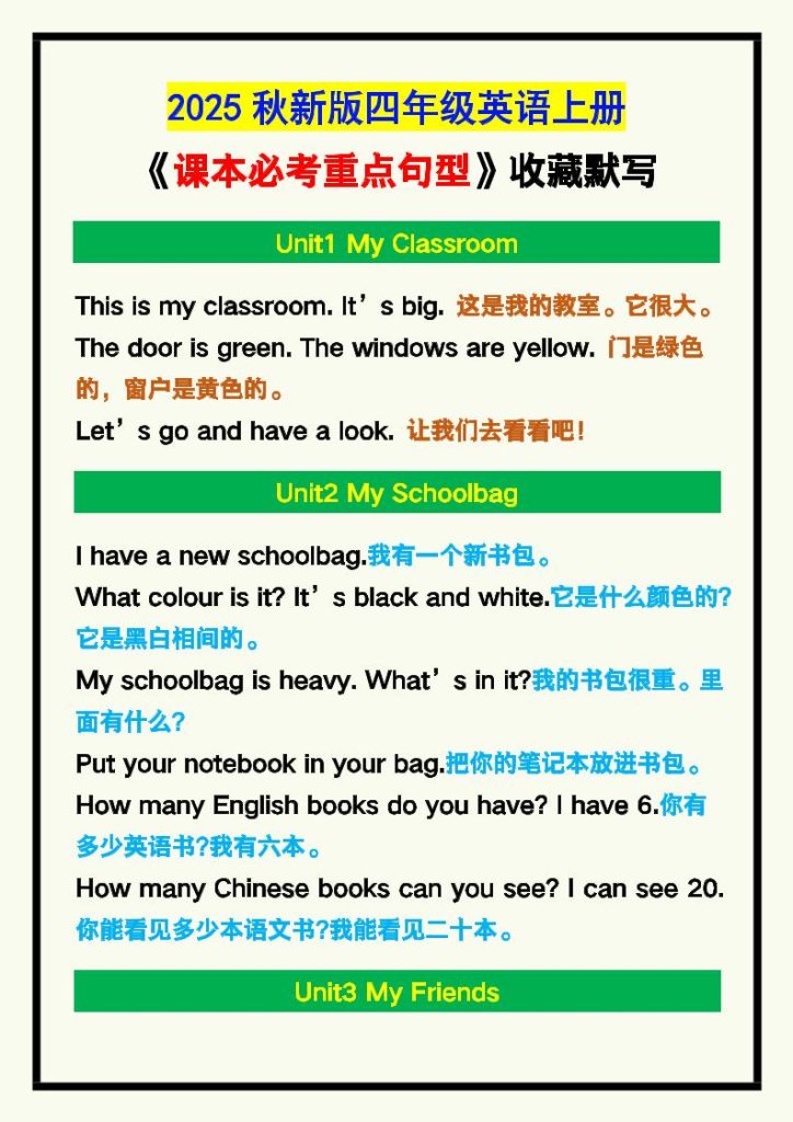 【学习资料】【2025秋新版】四年级英语上册《课本必考重点句型》汇总，收藏默写！Pdf夸克网盘资源