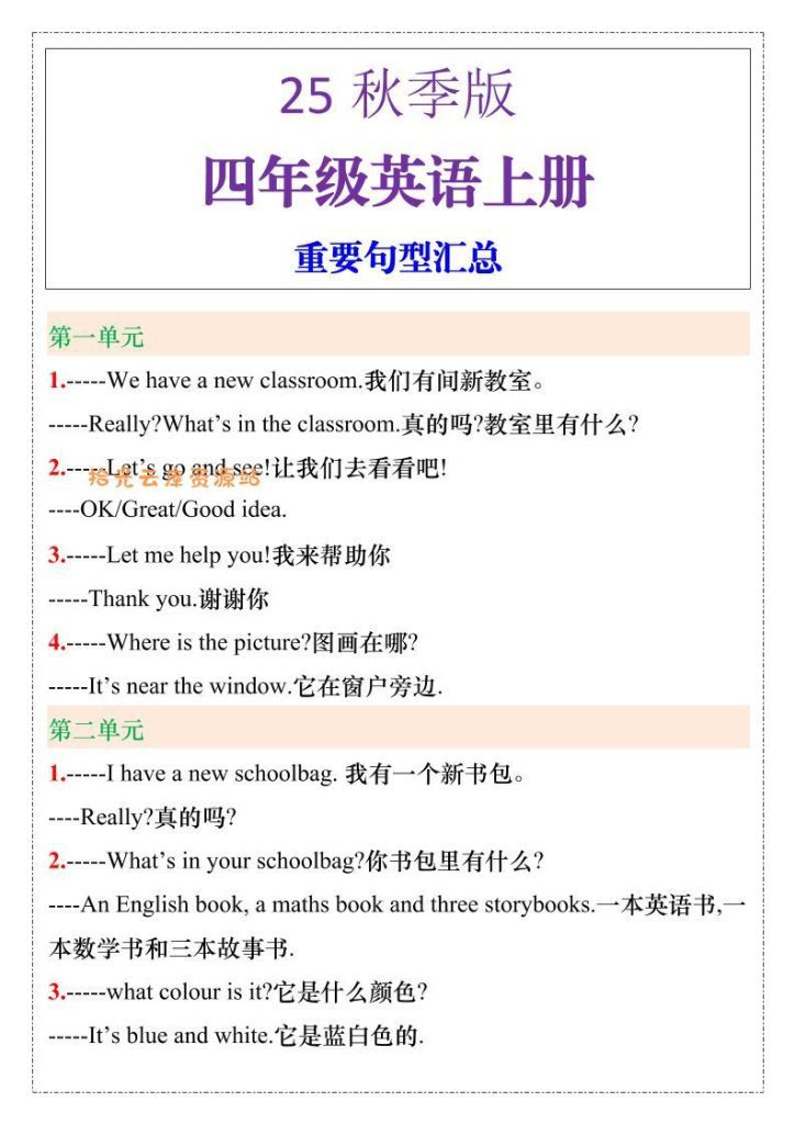 【学习资料】【2025秋新版】四年级英语上册重要句型汇总pdf夸克网盘资源