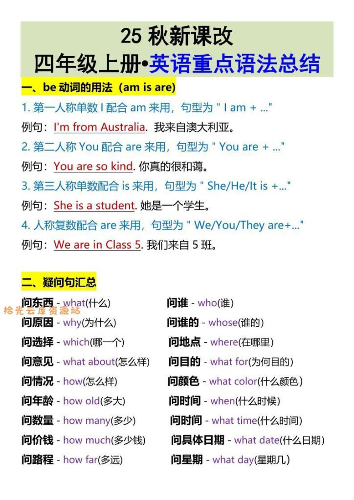 【学习资料】【2025秋新版】四年级上册•英语重点语法总结pdf夸克网盘资源