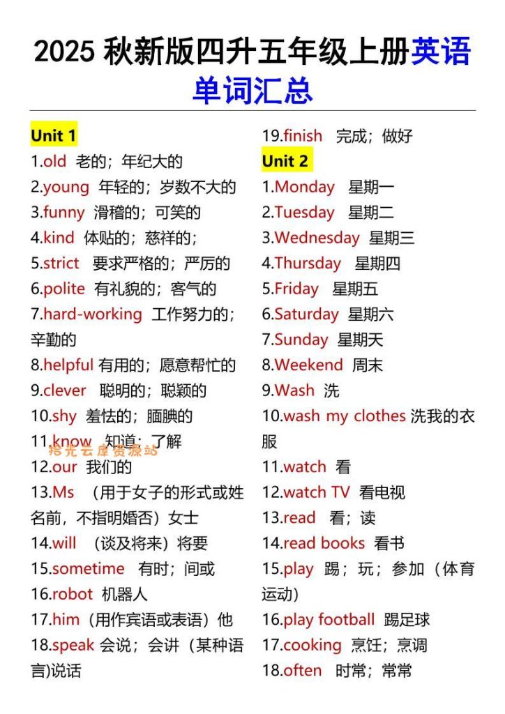 【学习资料】【2025秋新版】四升五年级上册英语单词汇总pdf夸克网盘资源