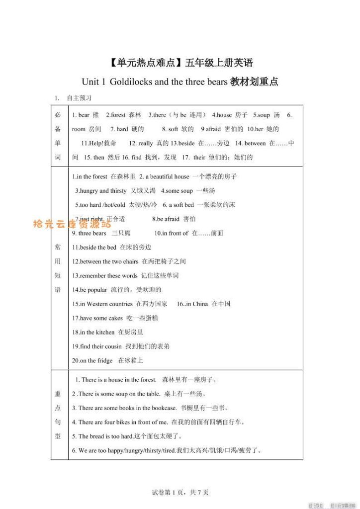 【学习资料】【单元热点难点】译林版（三起）英语五年级上册Unit1Goldilocksandthethreebears教材划重点pdf夸克网盘资源