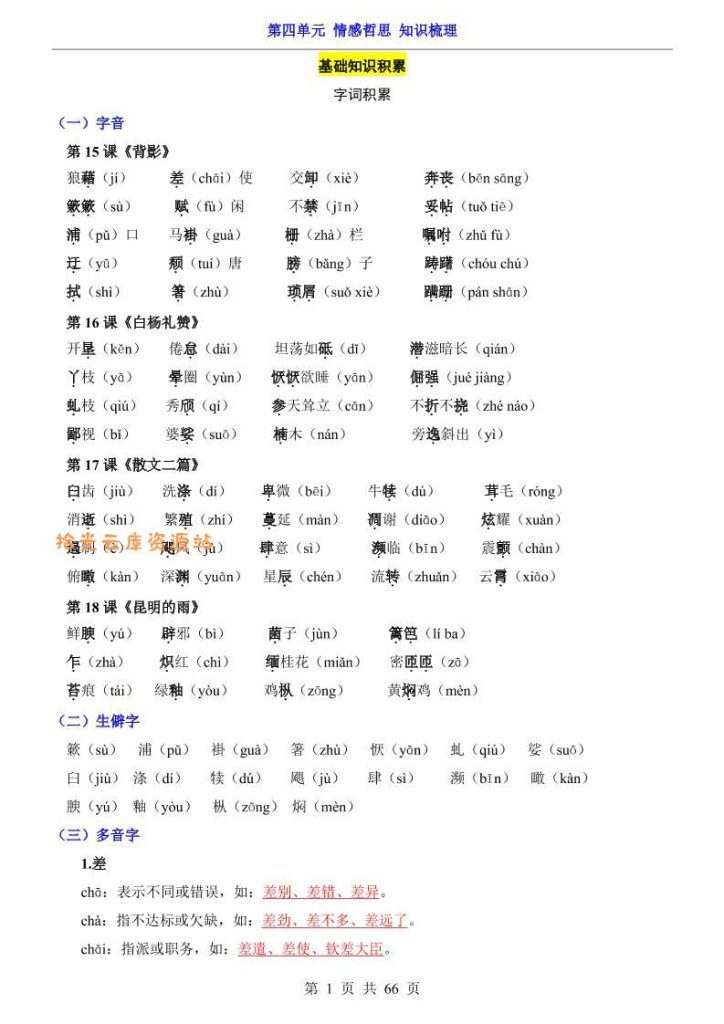 【学习资料】八年级上语文第4单元（知识梳理）-知识点pdf夸克网盘资源
