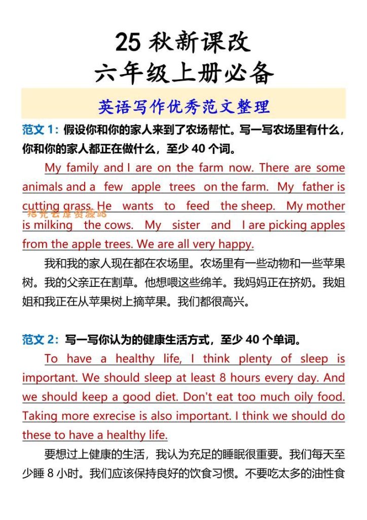 【学习资料】【2025秋新版】六年级上册必备英语写作优秀范文整理pdf夸克网盘资源