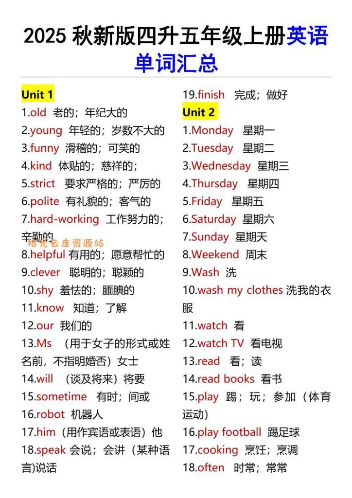 【学习资料】【2025秋新版】四升五年级上册英语单词汇总pdf夸克网盘资源