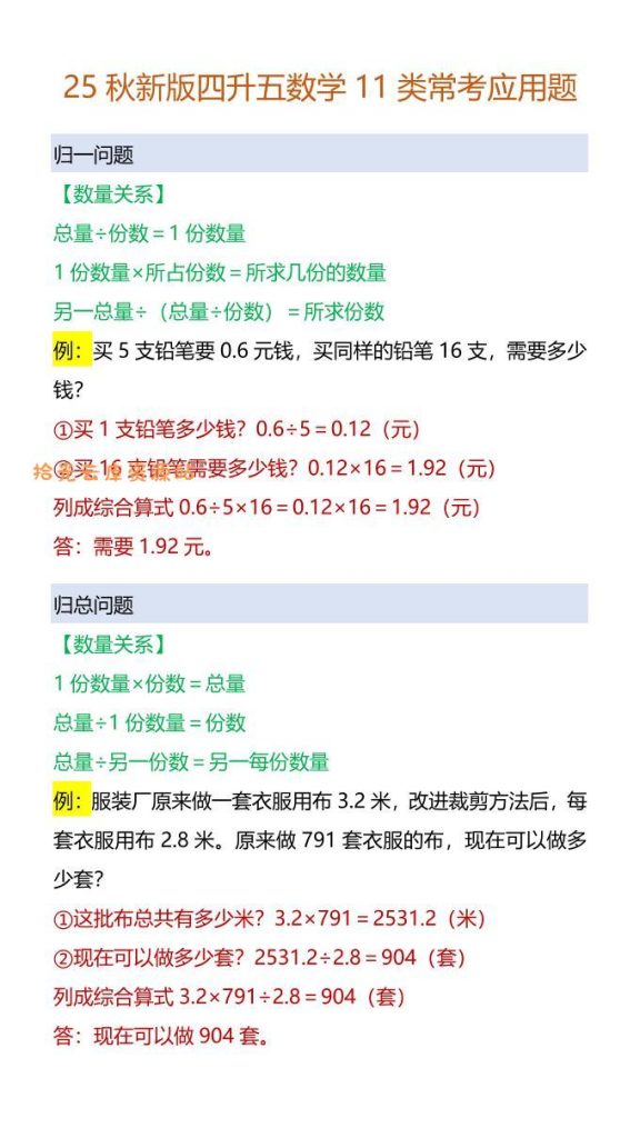 【学习资料】【2025秋新版】四升五数学11类常考应用题-五上数学pdf夸克网盘资源