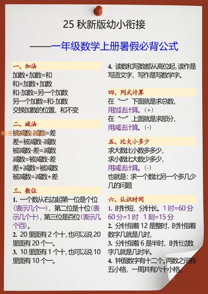 【学习资料】【2025秋新版】幼小衔接一年级数学上册暑假必背公式pdf夸克网盘资源