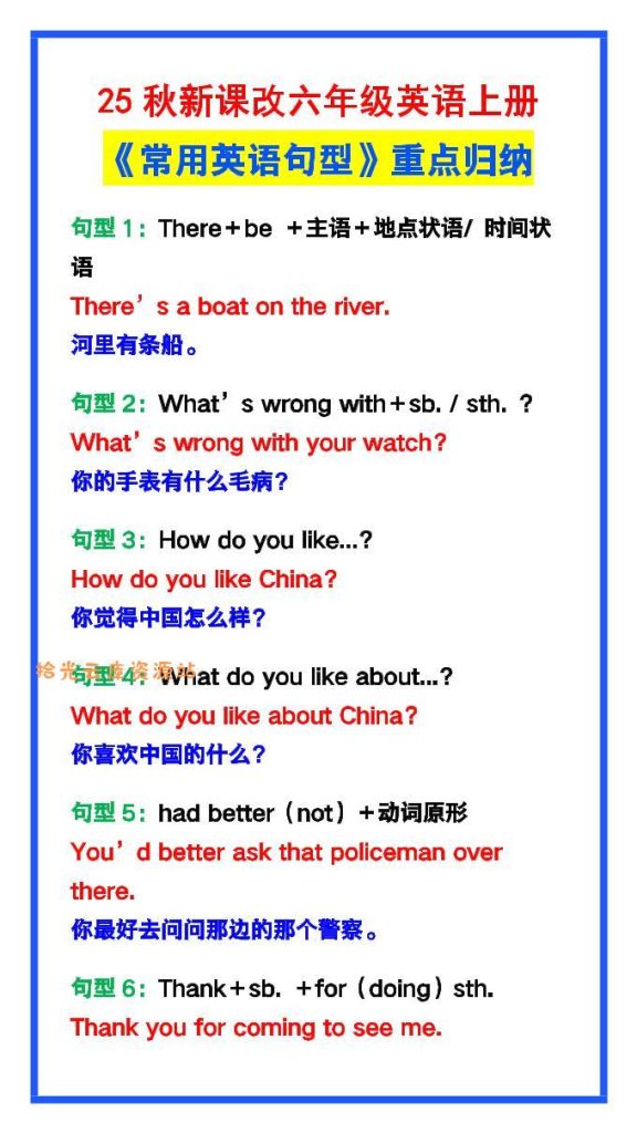 【学习资料】【2025秋新版】六年级英语上册《常用英语句型》重点归纳，提分必备!pdf夸克网盘资源