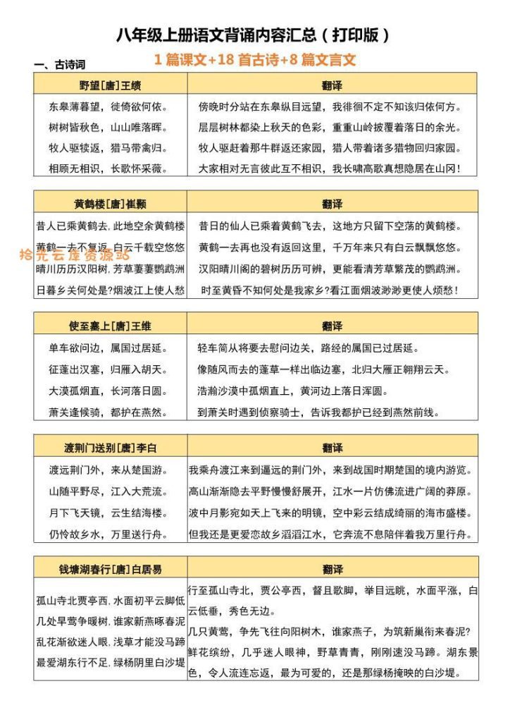 【学习资料】八年级上语文背诵古诗、文言文附翻译pdf夸克网盘资源