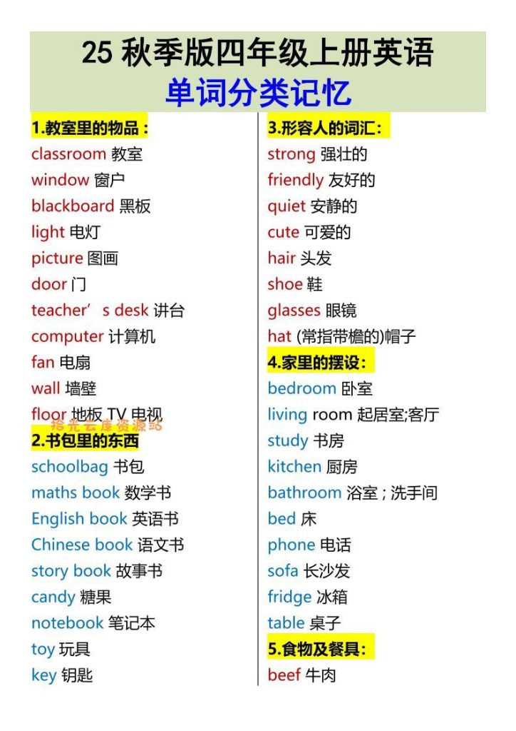 【学习资源】【2025秋新版】四年级上册英语•单词分类记忆pdf夸克网盘资源