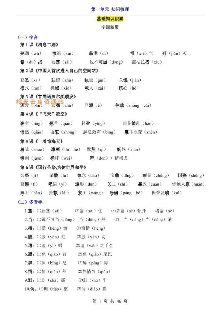 【学习资料】八年级上语文第1单元（知识梳理）-知识点pdf夸克网盘资源