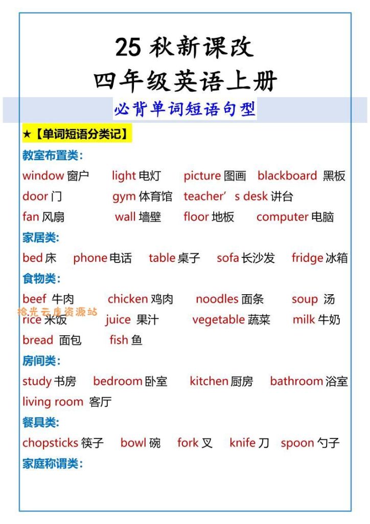 【电子书】【2025秋新版】四年级英语上册必背单词短语句型pdf夸克网盘资源