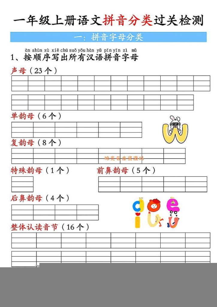 【学习资源】一上语文汉语拼音分类过关检测（含答案7页）夸克网盘资源