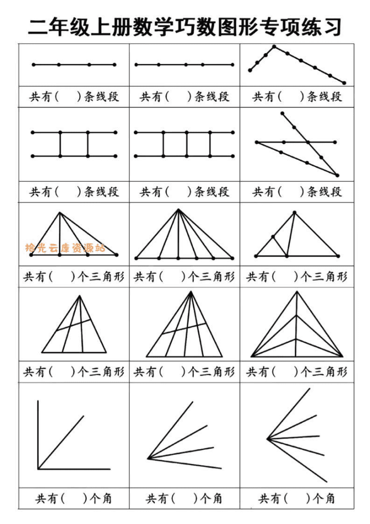 二年级上数学巧数图形专项练习+角的初步认识（10页）