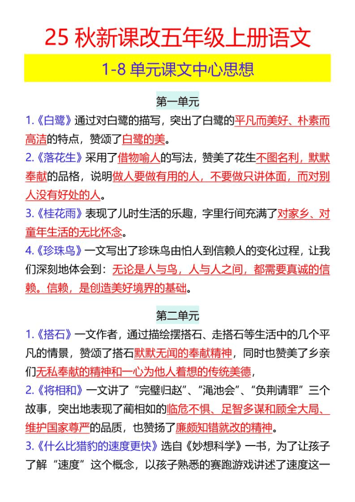 【2025秋新版】五年级上册语文1-8单元课文中心思想-PDF夸克网盘
