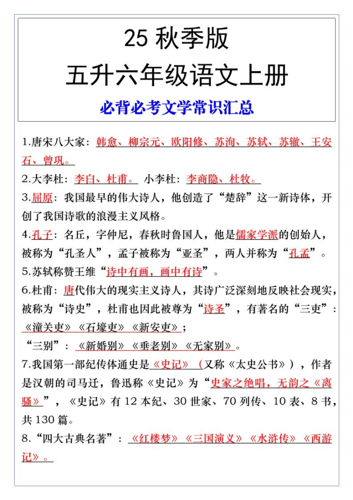 【2025秋新版】五升六年级语文上册必背必考文学常识汇总-PDF夸克网盘下载