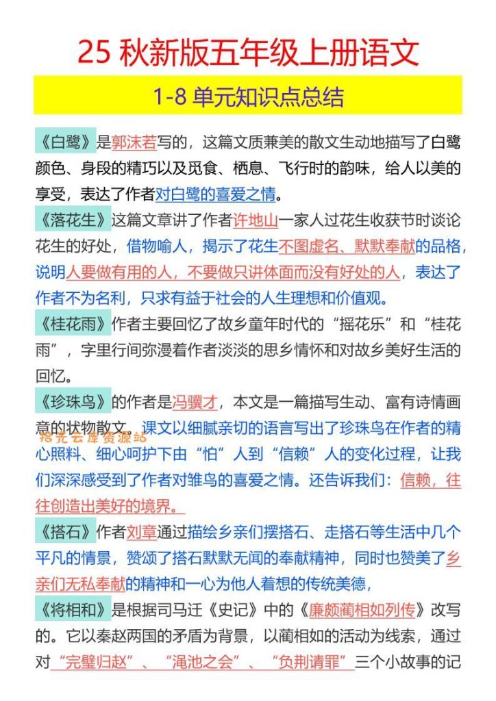 【2025秋新版】五年级上册语文1-8单元知识点总结-PDF夸克下载
