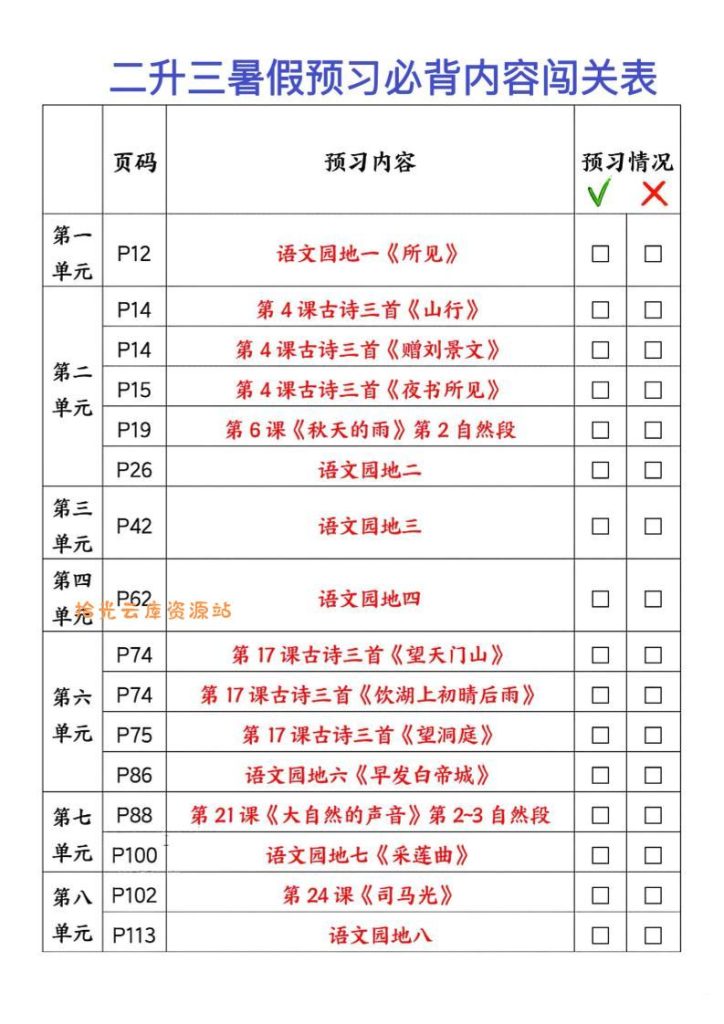 【学习资料】2025秋二升三暑假预习闯关表三上语文Pdf 夸克网盘资源