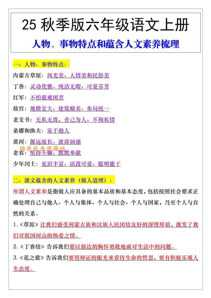 【2025秋新版】六年级语文上册人物、事物特点和蕴含人文素养梳理-pdf夸克下载