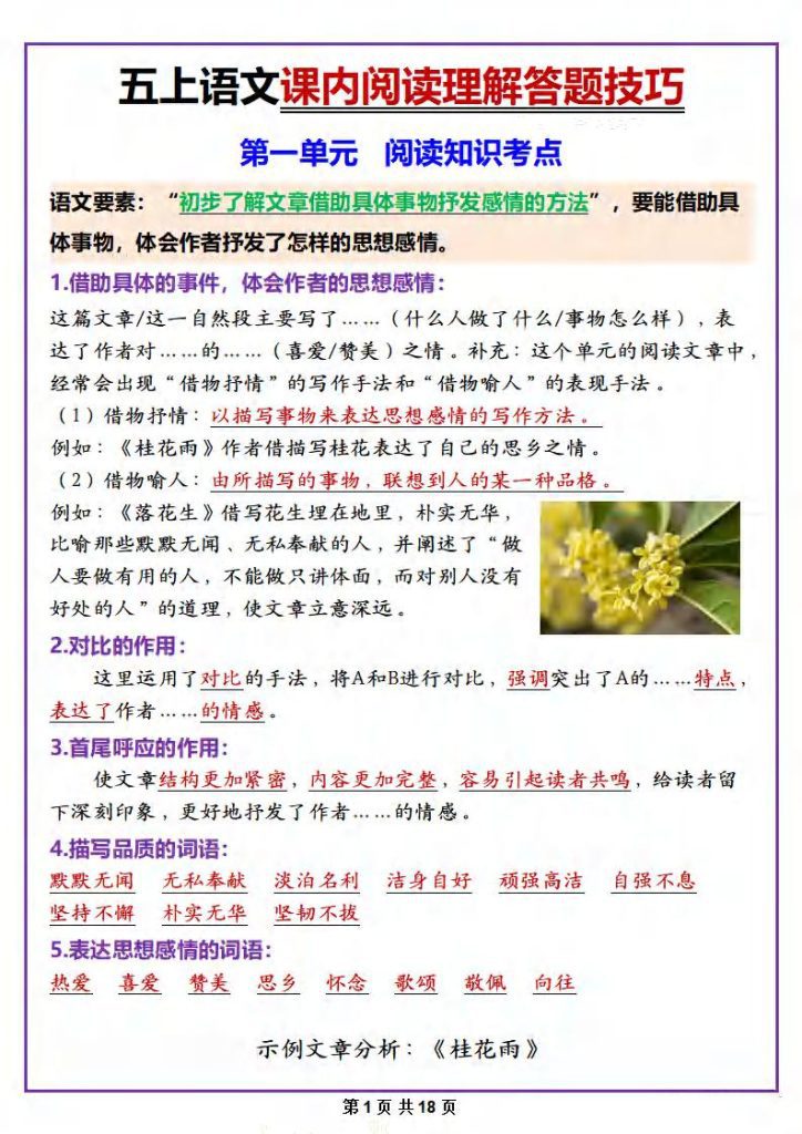 【学习资料】五年级上册语文课内阅读理解答题技巧pdf夸克网盘资源