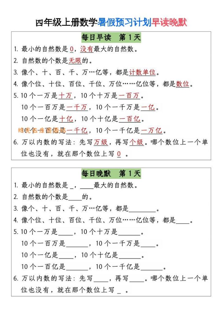 【学习资料】三升四数学暑假【早读晚默】-四上数学pdf夸克网盘资源