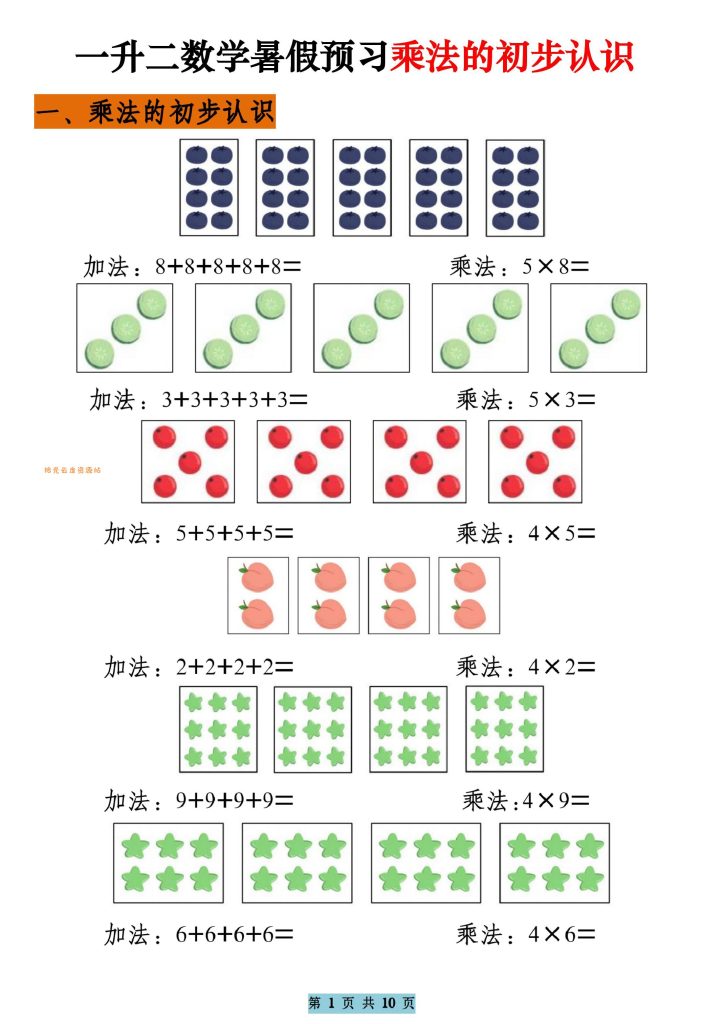 【学习资料】一升二数学暑假预习乘法的初步认识（10页乘法启蒙）二上pdf夸克网盘资源