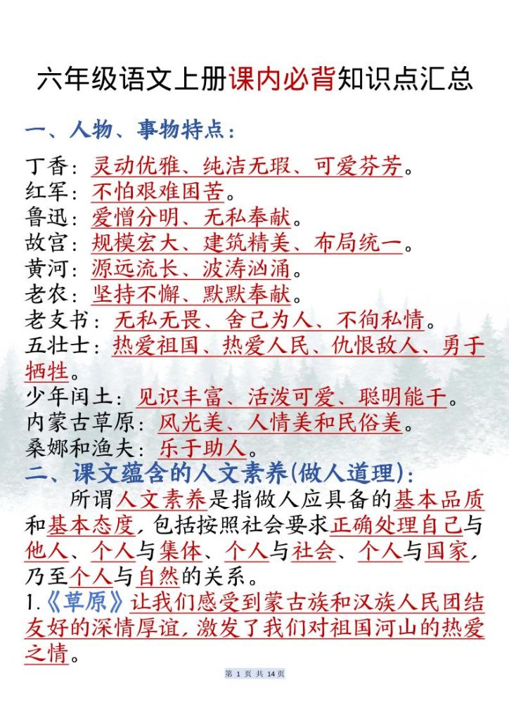 【学习资料】六上语文课内必背知识点汇总（共14页）pdf夸克网盘资源