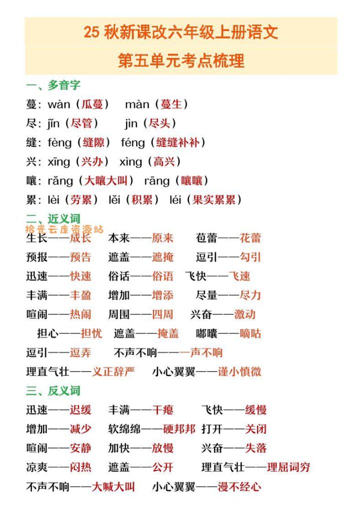 【2025秋新版】六年级上册语文第五单元重点考点梳理-pdf