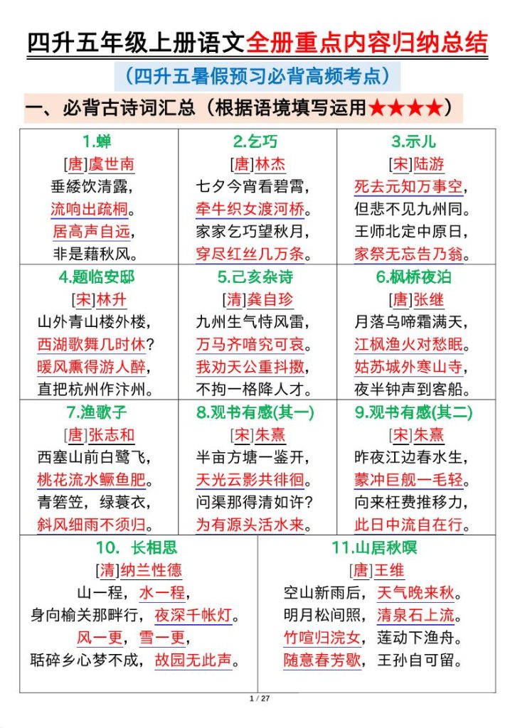 【学习资料】四升五年级上册语文全册重点内容归纳总结输出27页pdf夸克网盘资源