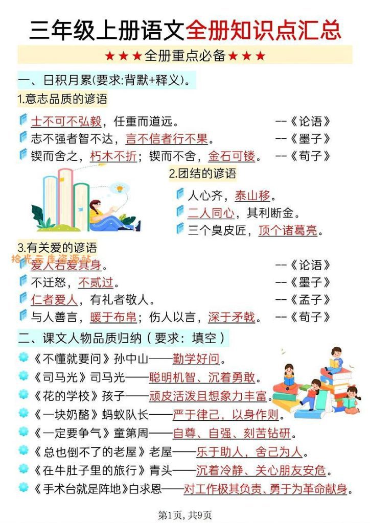 【学习资料】新三上语文全册知识点汇总（9页）pdf夸克网盘资源