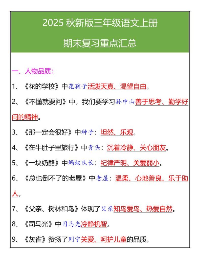 【学习资料】【2025秋新版】三年级语文上册期末复习重点汇总pdf夸克网盘资源
