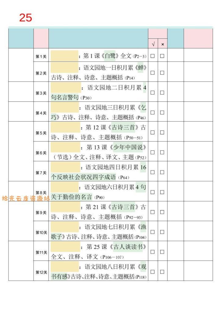【学习资料】25秋新四升五语文暑假衔接必背闯关表-五上语文pdf夸克网盘资源
