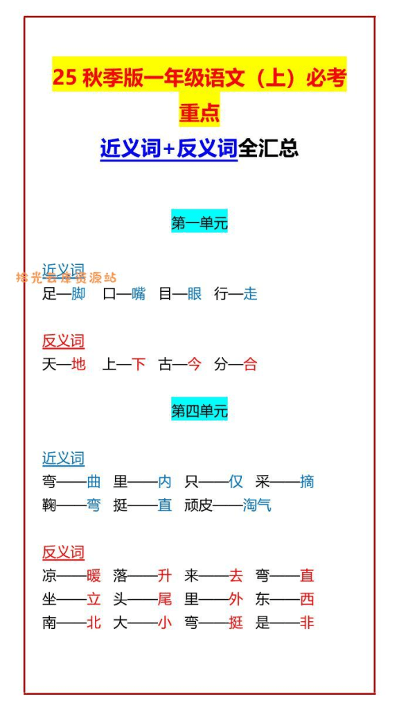 【2025秋新版】一年级语文上必考重点近义词+反义词全汇总-PDF夸克网盘