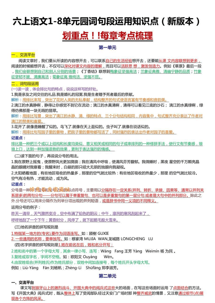 六年级上语文1-8单元园词句段运用知识点（新版本）docx-PDF夸克网盘