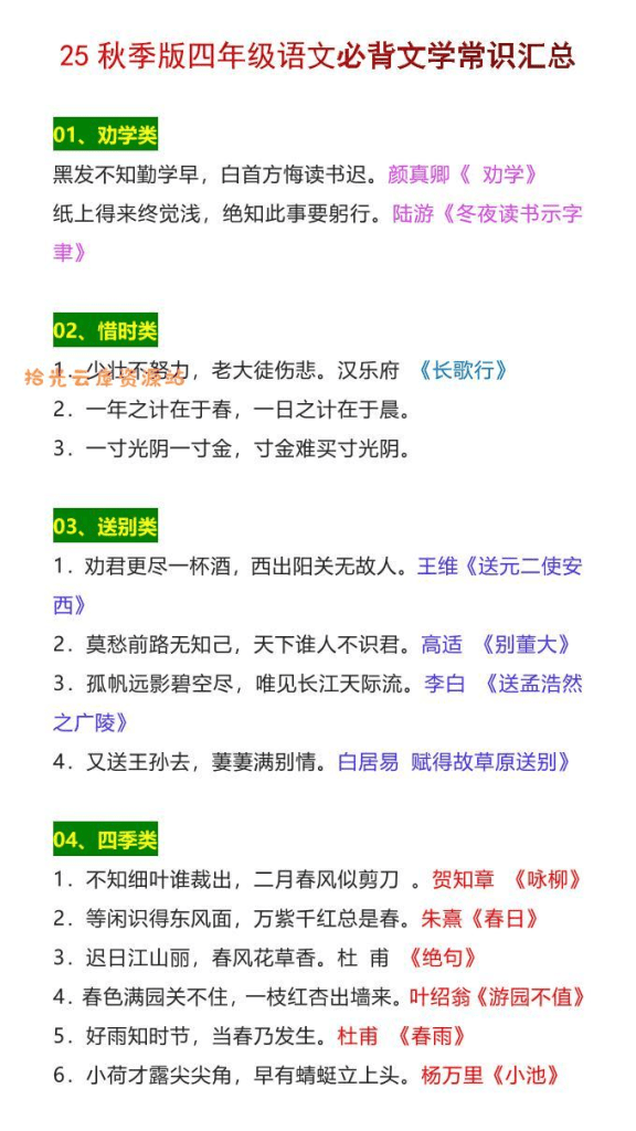 【2025秋新版】四年级语文上册必背文学常识汇总-PDF夸克网盘