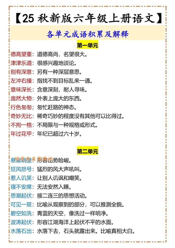 【2025秋新版】【六年级上册语文】各单元成语积累及解释-PDF夸克网盘