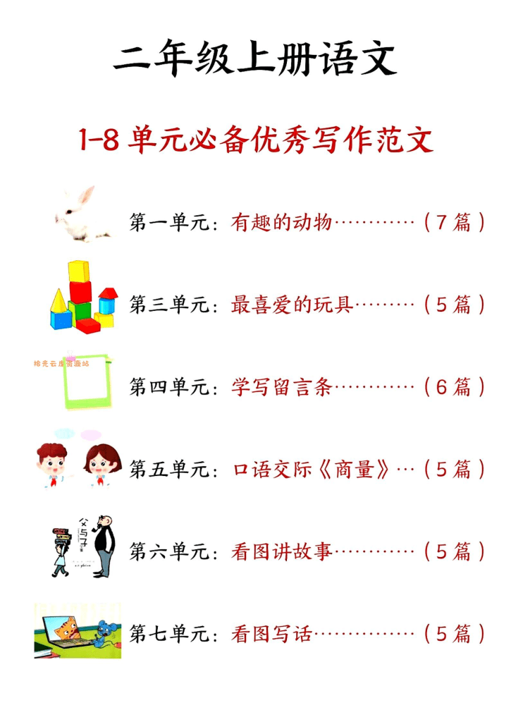 二年级上语文1-8单元必备优秀写作范文33篇（33页）