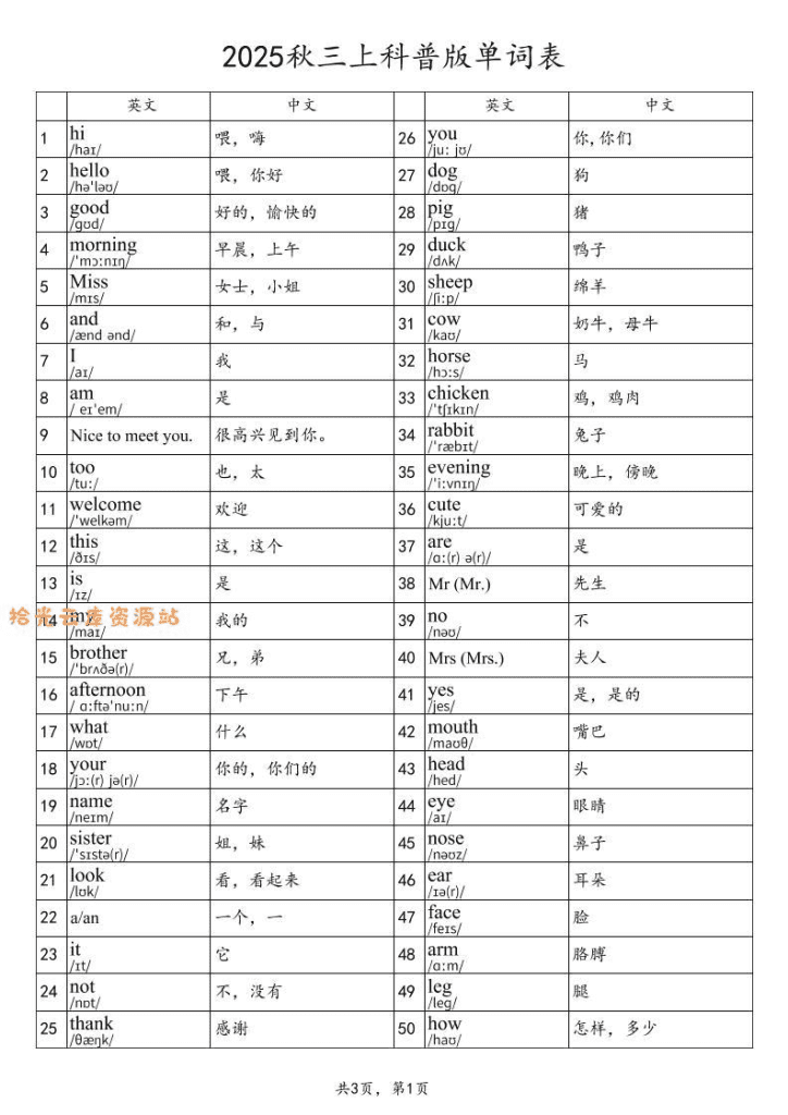 2025秋三年级上英语科普版单词表