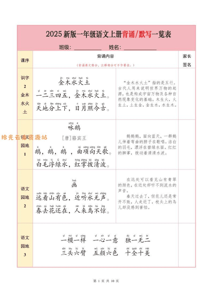 一年级上语文【25秋-必背内容+默写表】-PDF夸克网盘