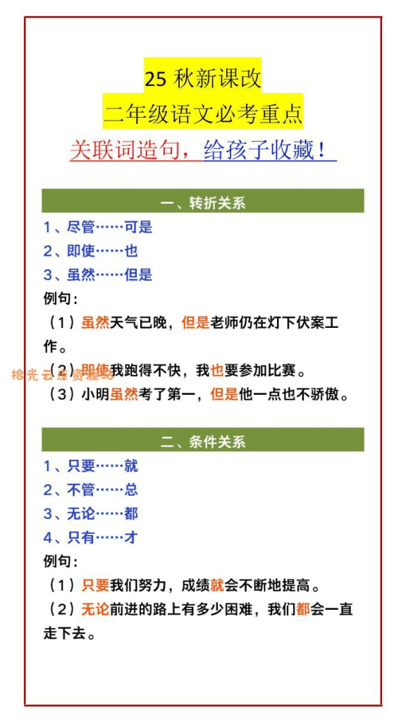 【2025秋新版】二年级语文必考重点关联词造句，给孩子收藏！-二上语文-PDF夸克网盘