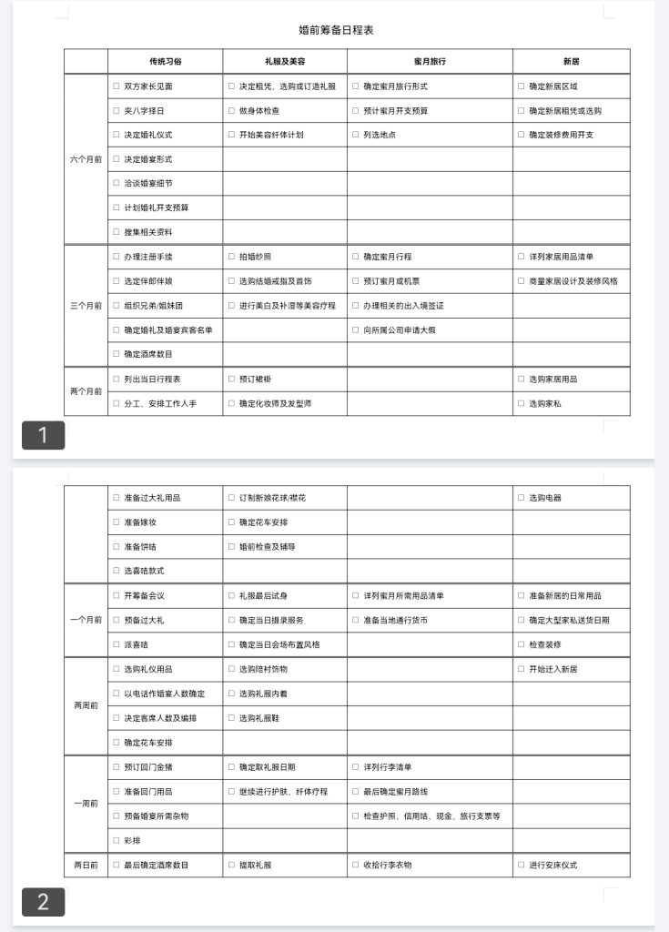 结婚婚礼流程准备婚前筹备日程安排必备物品采购清单表格资料素材｜夸克网盘下载|结婚婚礼流程｜婚前筹备|必备物品采购清单｜婚礼需要准备什么